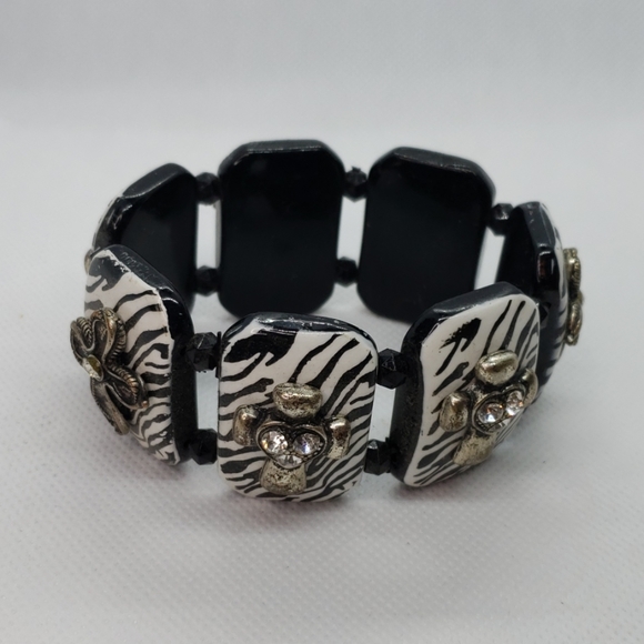 Zebra animal print with crosses & rhinestones stretch bracelet mobwife - Picture 1 of 3